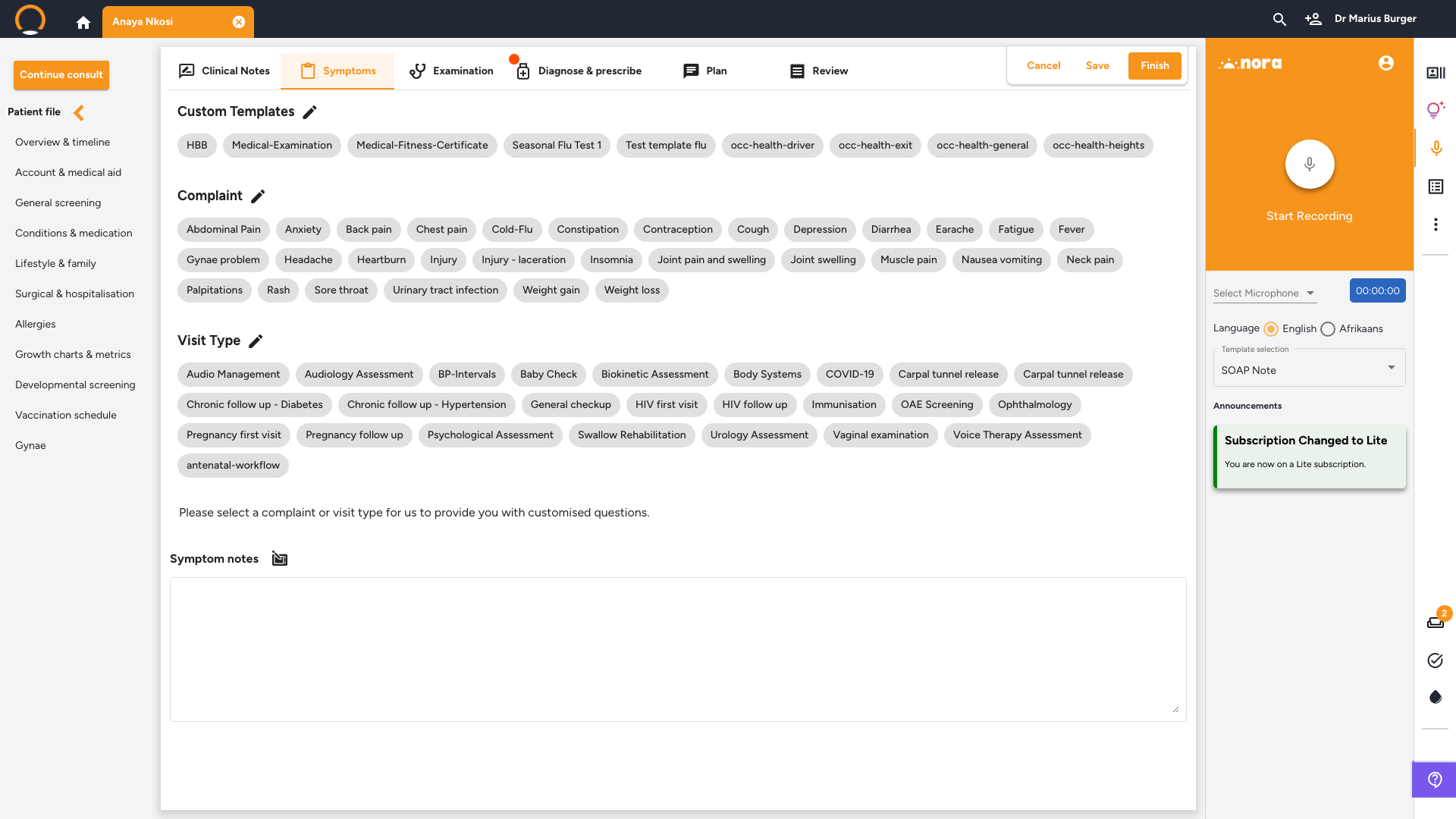 Symptoms tab showing complaint and visit type options
