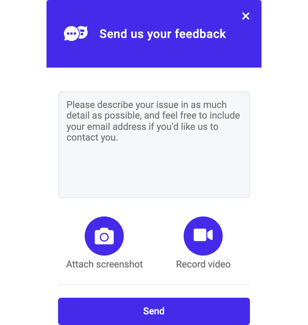 The form Send us your feedback with the text field, Attach screenshot, Record video and Send