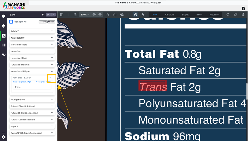 Font style and size on packaging artwork