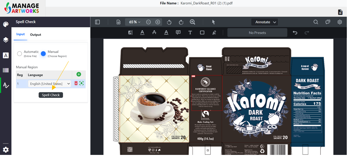 Manual spellcheck for packaging artworks