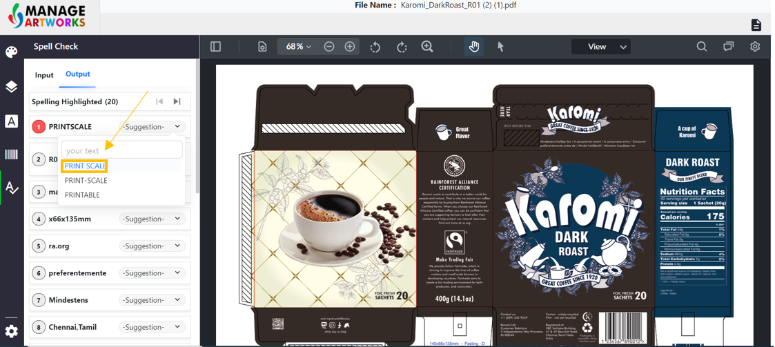 Automatic spellcheck for packaging artworks
