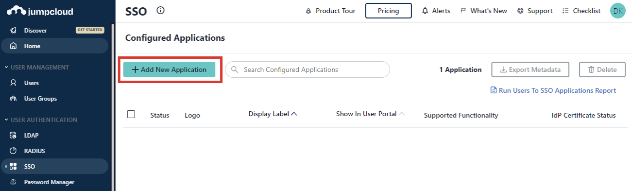 The JumpCloud platform Configured Applications screen highlighting the Add New Application button