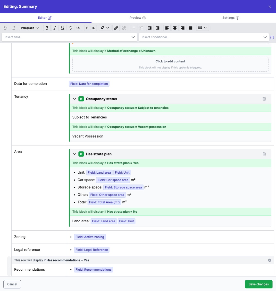 Item editor showing a table with merge tags, conditional blocks, and row visibility conditions
