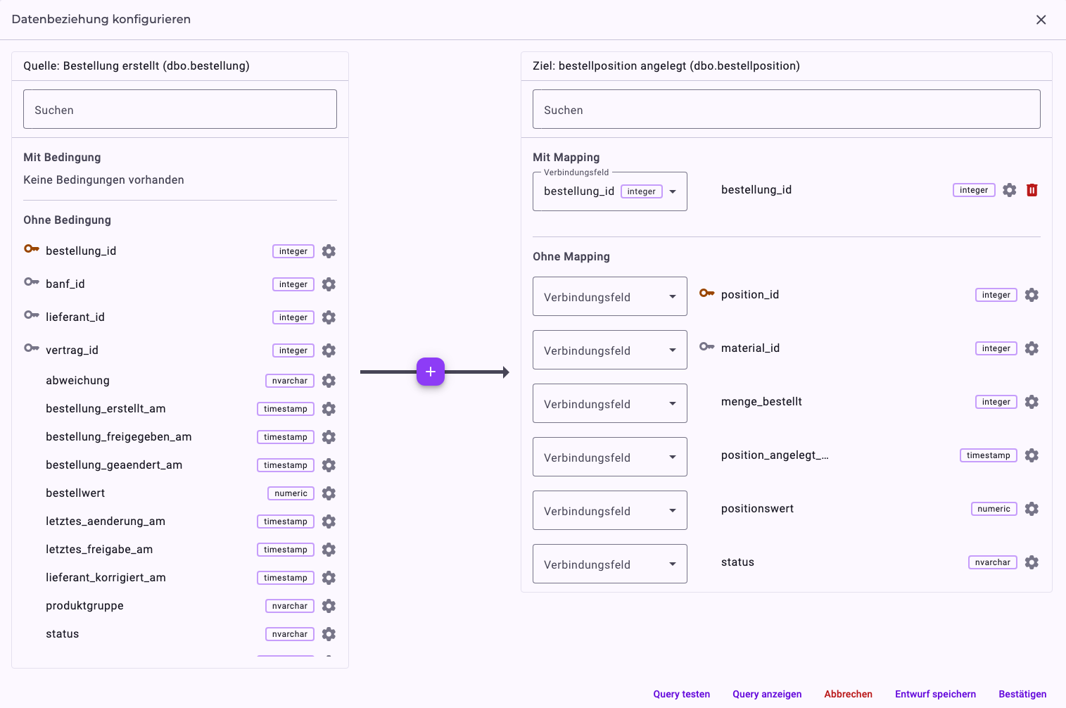 Datenbeziehung konfigurieren von Bestellung erstellt (dbo.bestellung) zu bestellposition angelegt (dbo.bestellposition): Unter Mit Mapping ist die Spalte bestellung_id der Positionstabelle der Spalte bestellung_id der Bestelltabelle zugeordnet