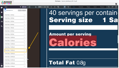 Highlight text on packaging artwork to proofread