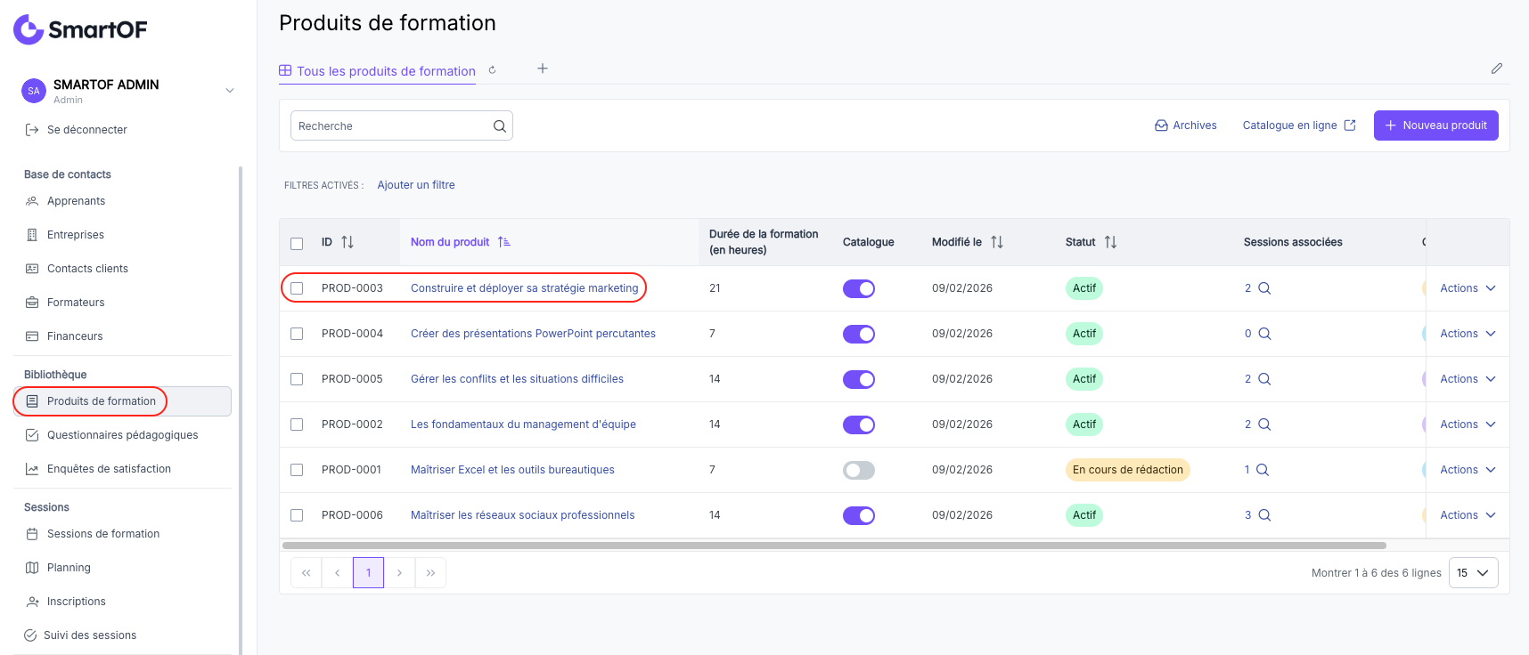 Liste des produits de formation, sélection d'un produit pour ouvrir sa fiche