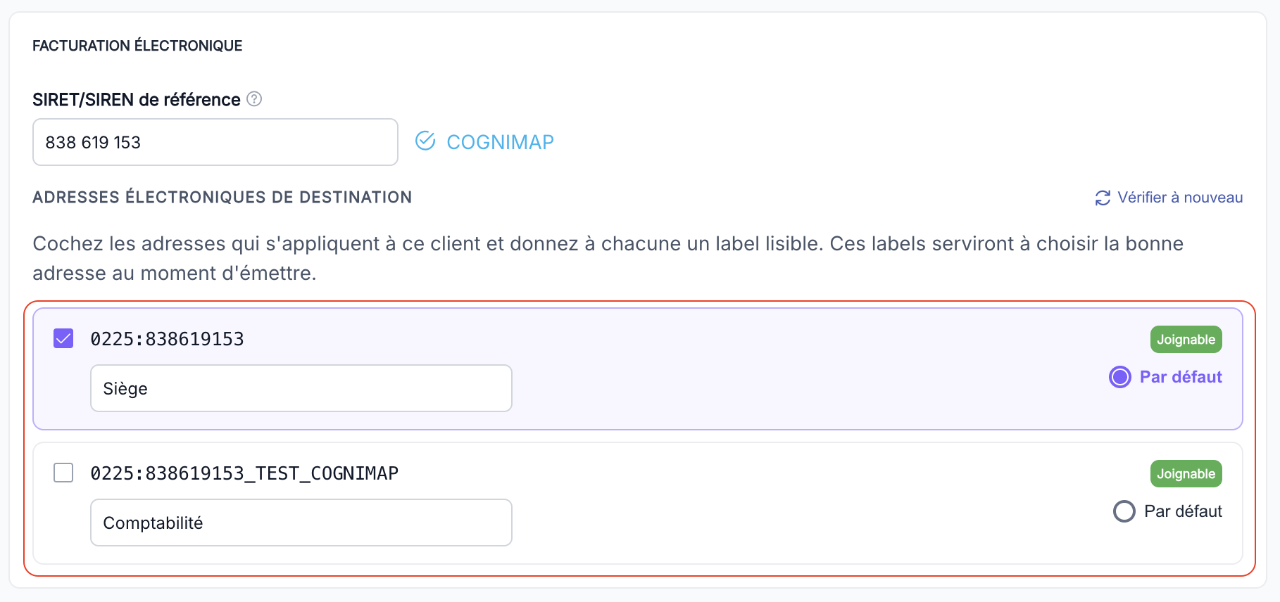 Champ SIRET/SIREN de référence renseigné et adresses de destination remontées