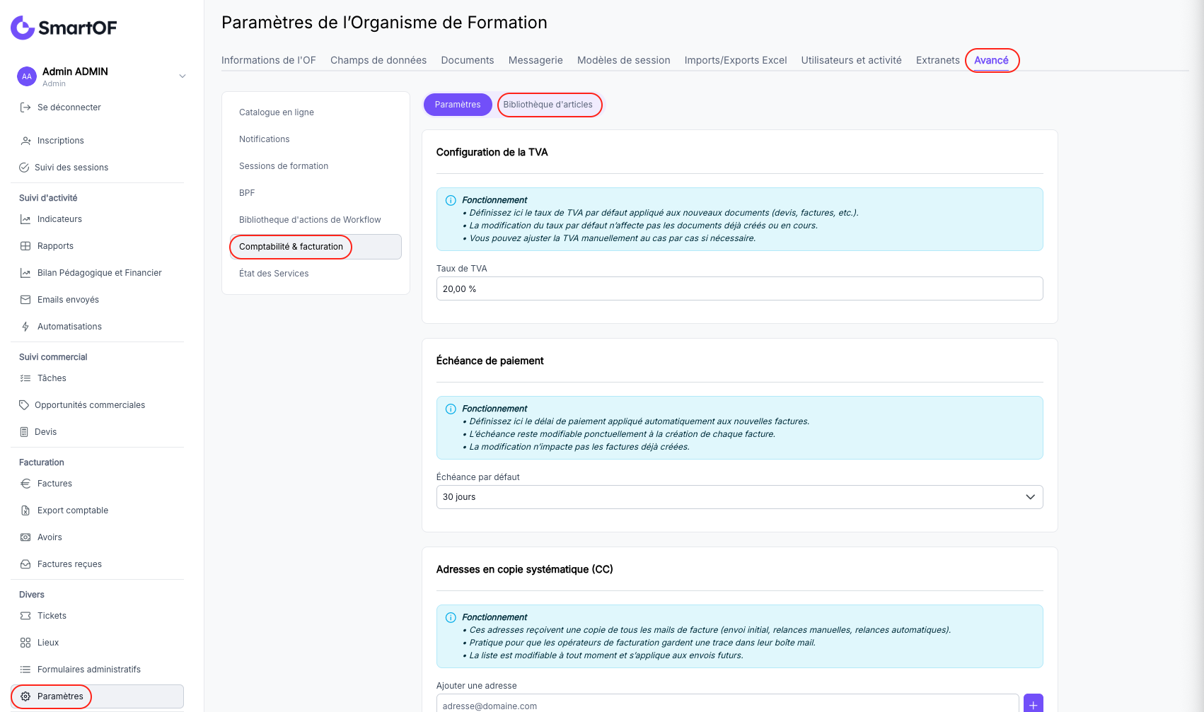 Page Paramètres, section Comptabilité & facturation, onglet Bibliothèque d'articles