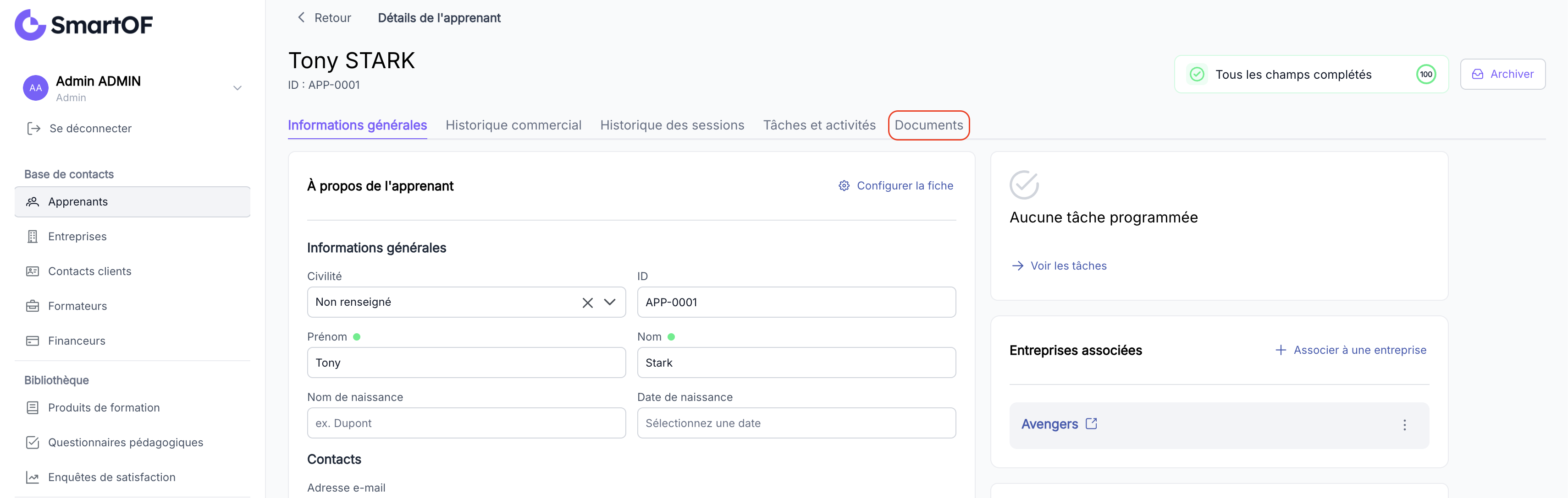 Onglet Documents sur la fiche apprenant