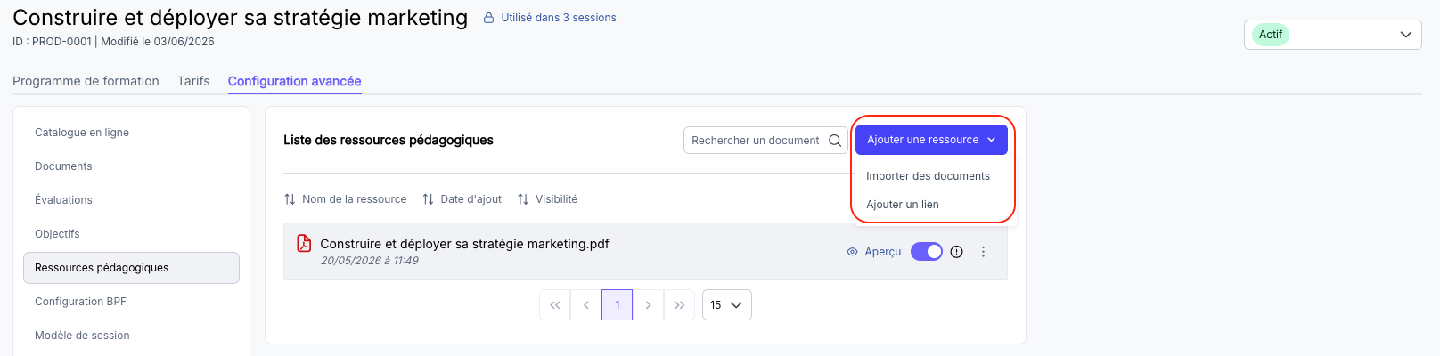 Ajout d'une ressource — choix entre document et lien