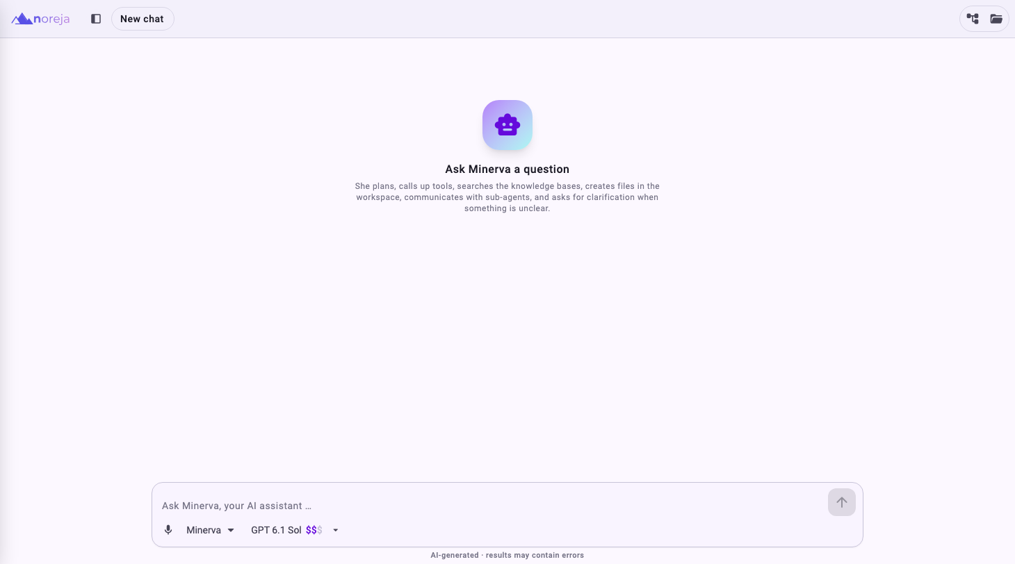 The chat page before the first question: Ask Minerva a question, the input field with the agent and the model, and the buttons for graphs and workspace files at the top right