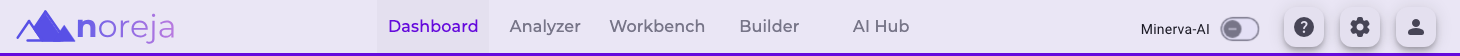 The Noreja top bar with the logo, the areas Dashboard, Analyzer, Workbench, Builder and AI Hub, the Minerva-AI switch, and the buttons for help, settings and profile