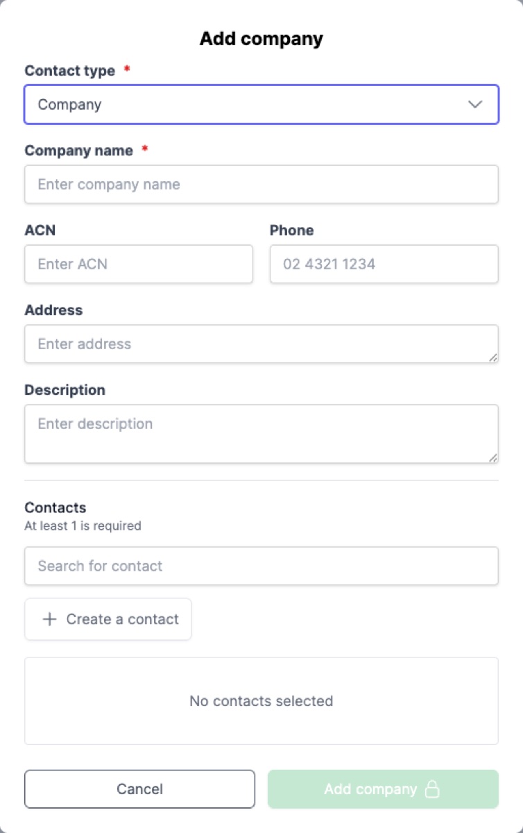 The create contact form for a company - with company name, ACN fields at the top, and the contacts section below where you can search for existing individuals or add new ones