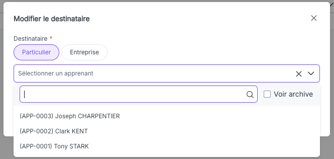 Modale de modification du destinataire avec choix du type et liste déroulante