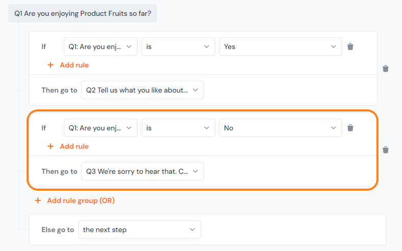 Example of a branched survey showing sending a user to another question based on their answer