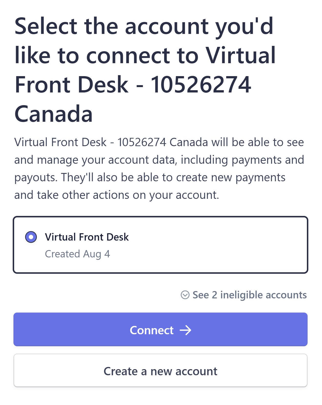 Selecting the Stripe account to connect