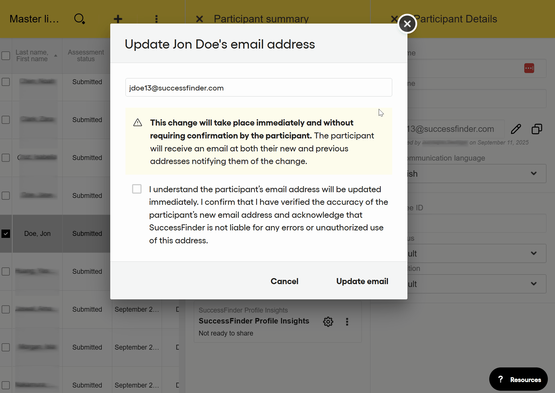 How to change an existing participant email address - SuccessFinder ...