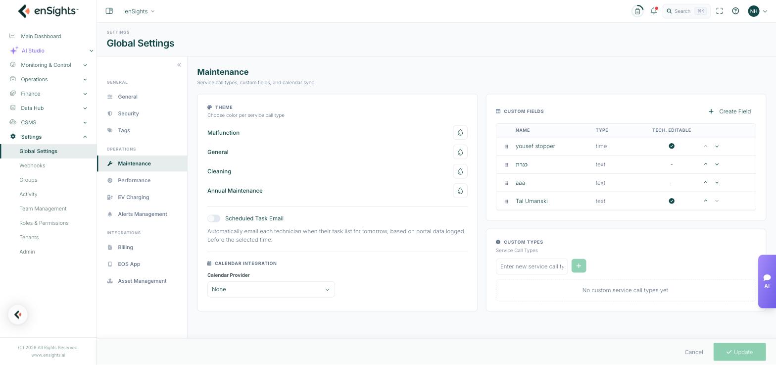 The Maintenance settings page: Theme colours per service call type, the Scheduled Task Email toggle, Calendar Integration, and the Custom Fields and Custom Types panels.