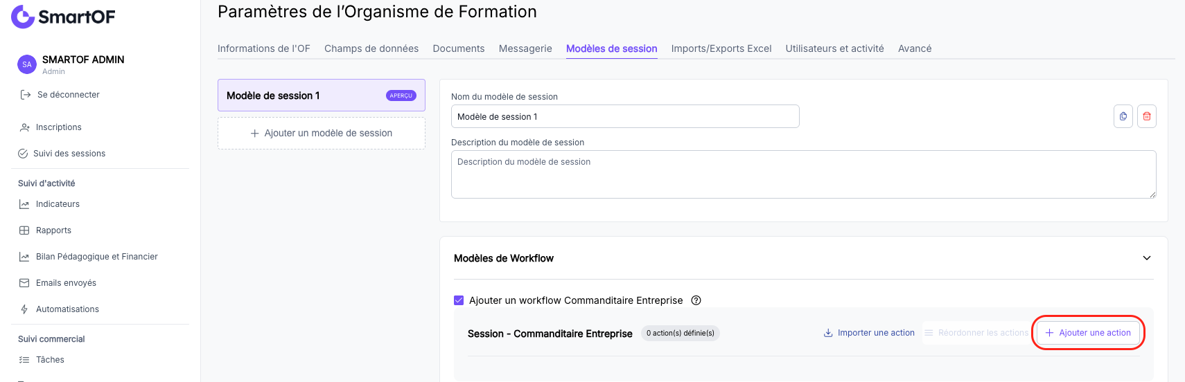 Modale de sélection du type d'action, avec "Envoyer un Email" sélectionné