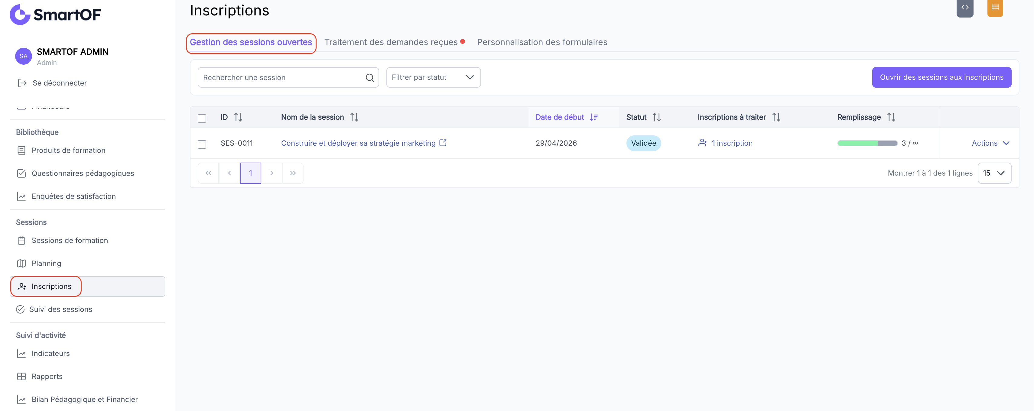 Module Inscriptions, vue principale