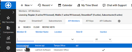 ConnectWise API Members list showing the newly created Inscora API member.