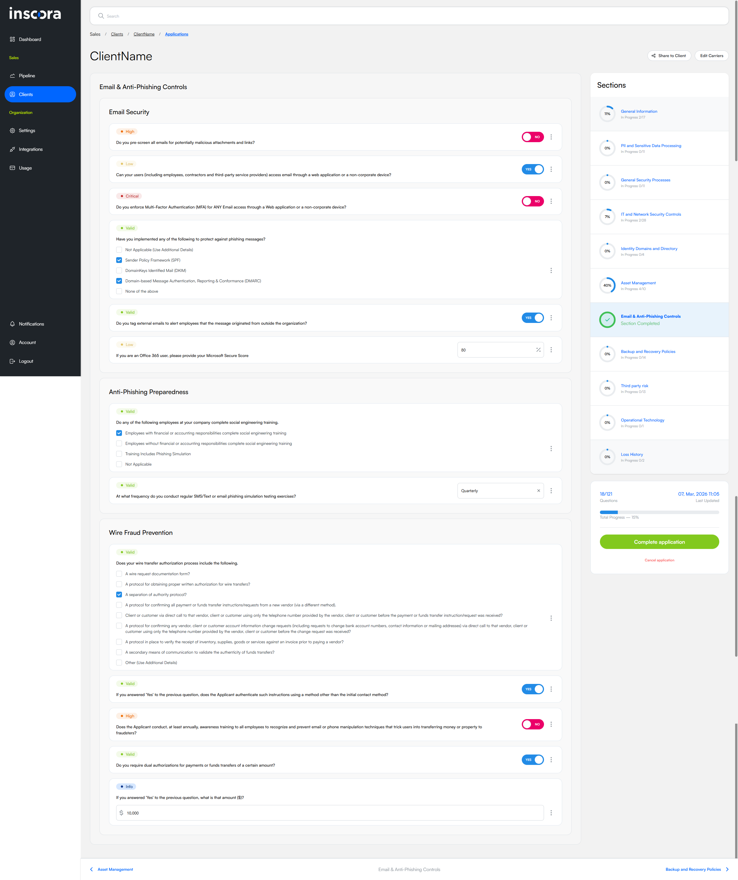 Full questionnaire view showing the Email and Anti-Phishing Controls section with answered questions on the left (each with severity badges), and the Sections panel on the right with progress rings and completion counts for each section.