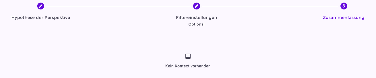 Der Kontextbereich der Zusammenfassung mit dem Titel Dimensionskontext: der Link Kontext Hub, Kontext Suche, die Symbole für Sortierung und Aktualisieren, der Button Neuer Kontext und die Meldung Kein Kontext vorhanden
