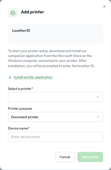 The Add printer window, with the Location ID and the Install printer application link