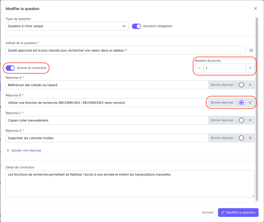 Activation de la correction et sélection de la bonne réponse