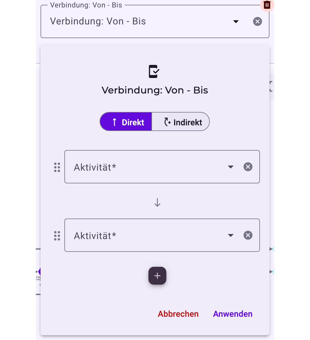 Die Einstellungen eines Filters Verbindung: Von - Bis: der Schalter Direkt / Indirekt und zwei Felder Aktivität, mit + für eine weitere Aktivität, Abbrechen und Anwenden