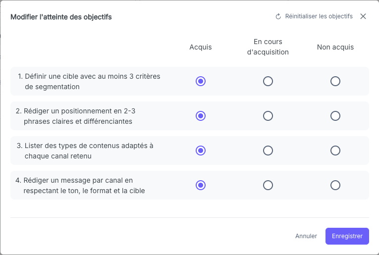 Popin de la grille d'objectifs d'un apprenant