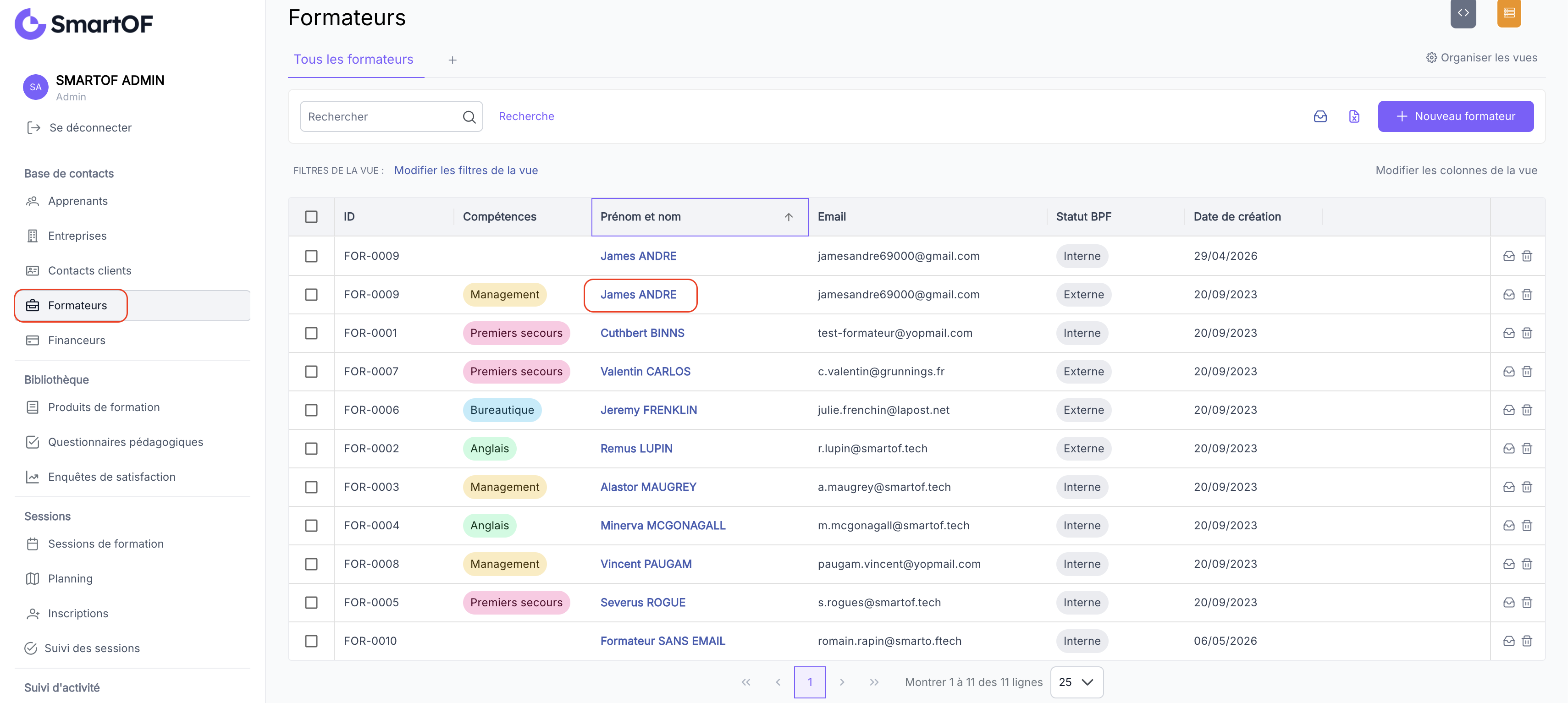 Liste des formateurs dans le CRM