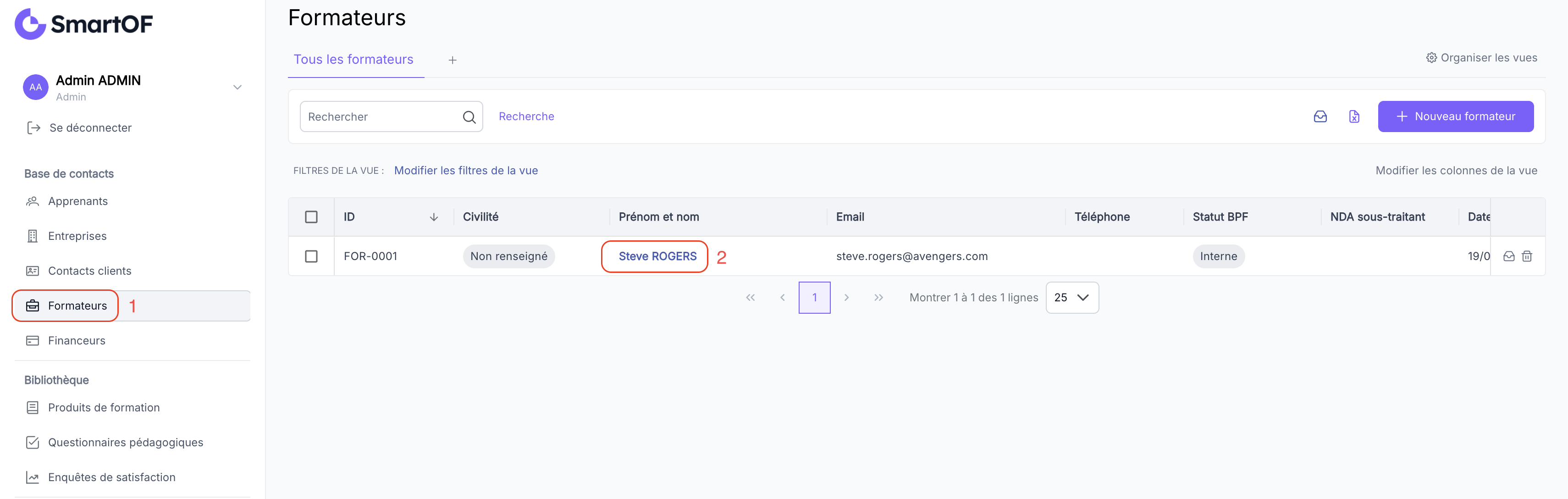 Liste des formateurs avec barre de recherche