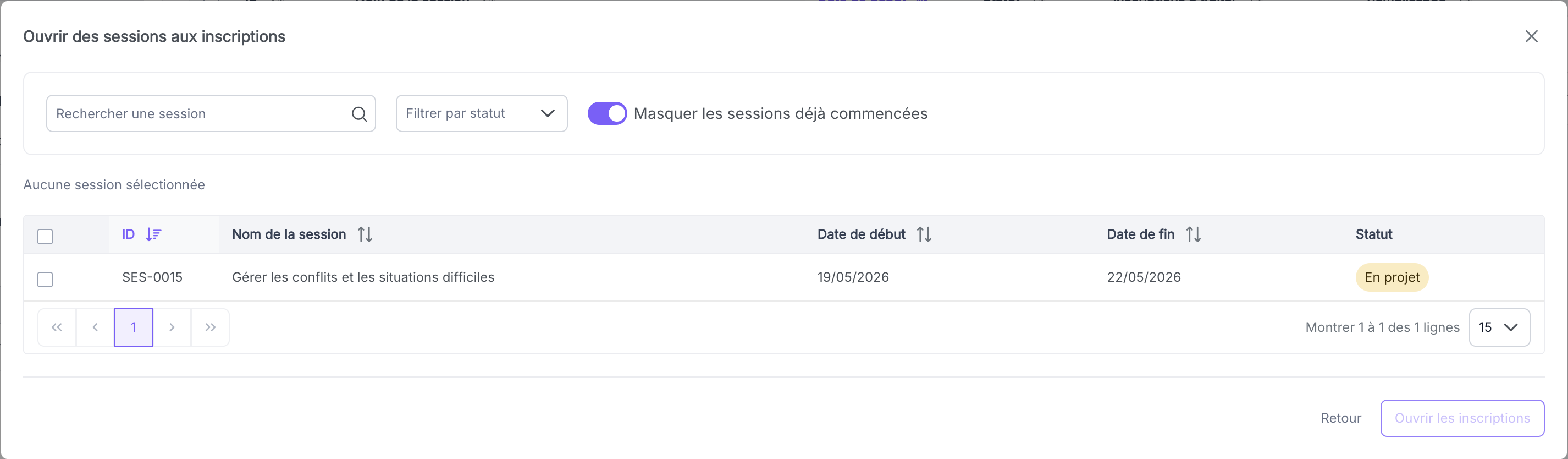 Modale de sélection des sessions à ouvrir