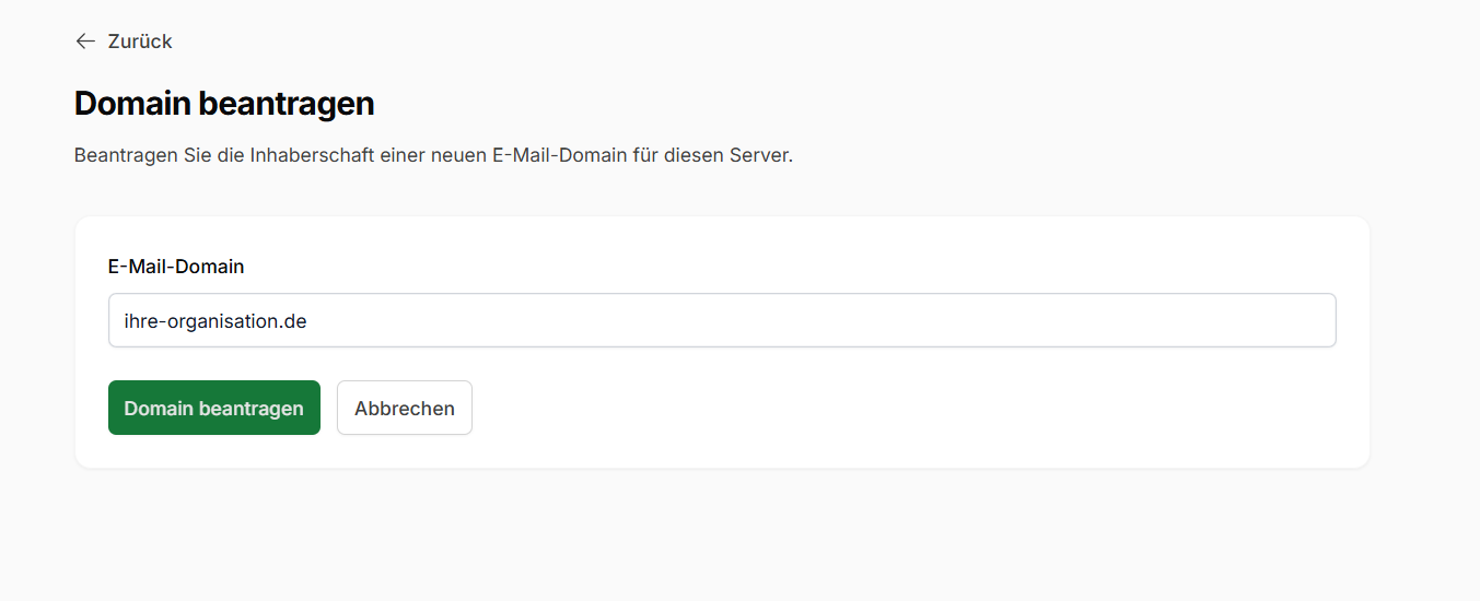 Screenshot der Maske: Domain beantragen mit der Beispiel Domain "ihre-organisation.de"