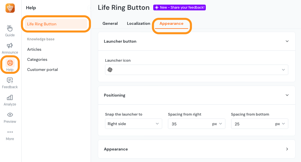 image showing how to navigate to the appearance tab of the life ring button