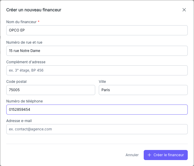 Formulaire de création d'un financeur avec les champs à remplir