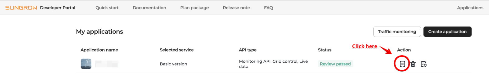 Sungrow Developer Portal home page with Applications in the top bar