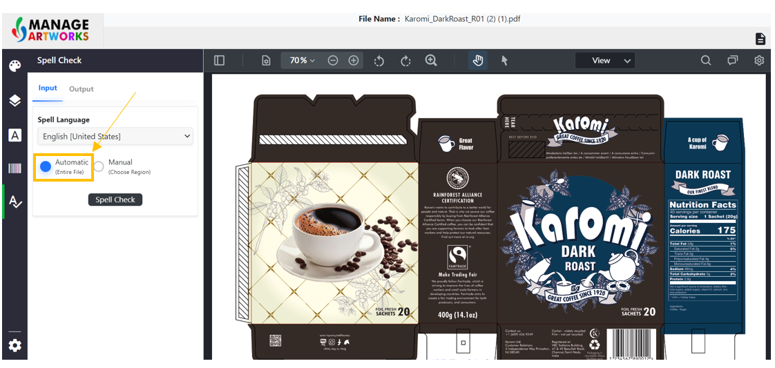 Automatic spellcheck for packaging artworks