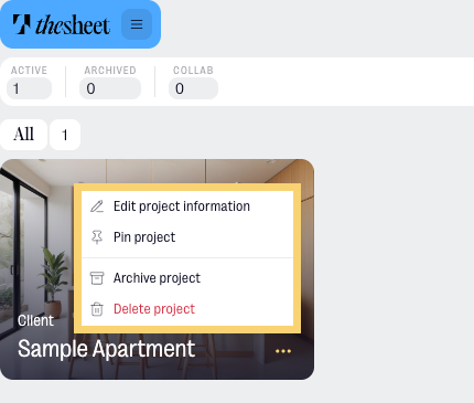 Project card menu with archive and delete actions