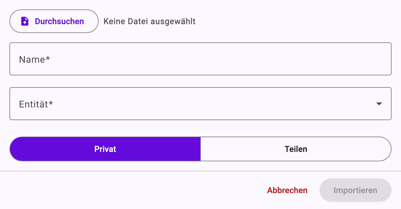 Das Panel Perspektivenkonfiguration importieren mit Durchsuchen, Keine Datei ausgewählt, Name, Entität, Privat und Teilen und den Buttons Abbrechen und Importieren