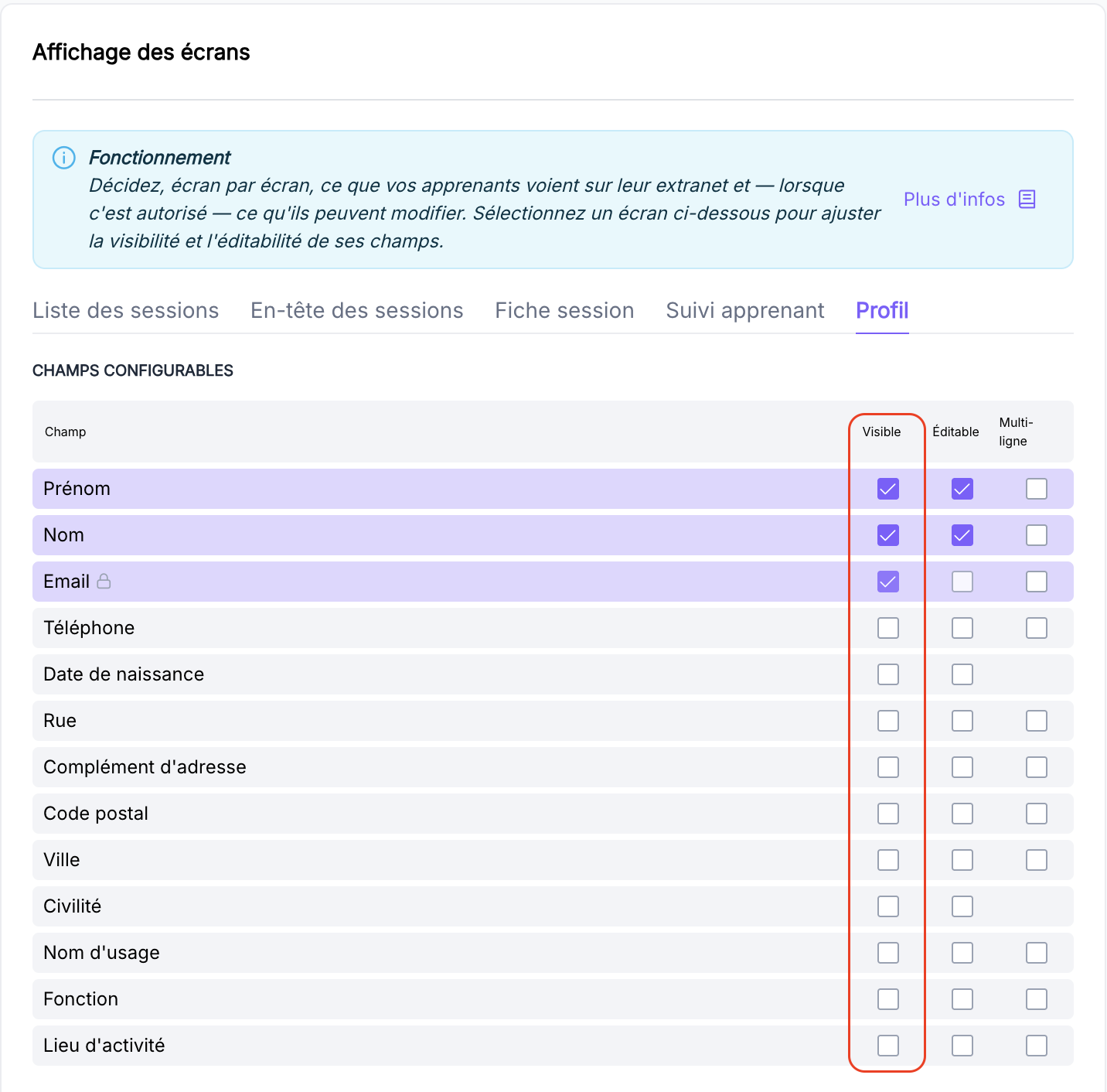 Case à cocher Visible sur un champ de l'extranet apprenant