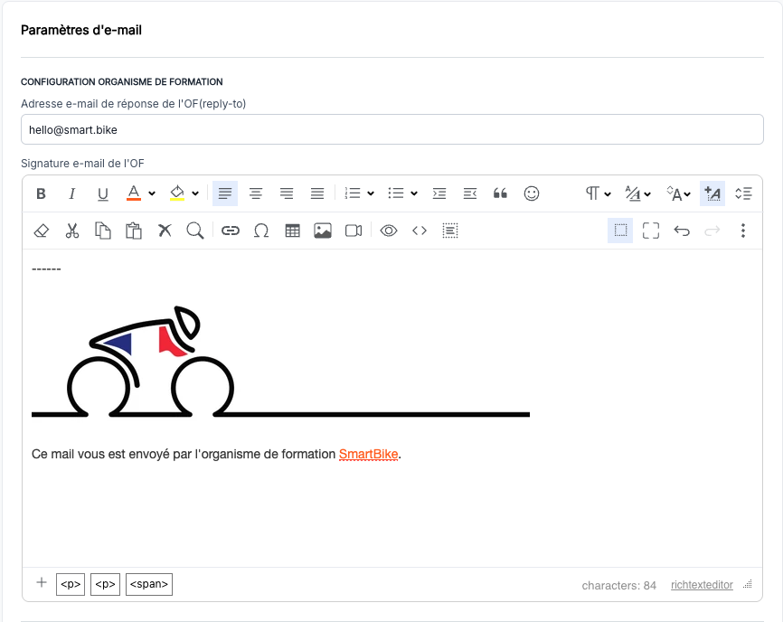 Champs Adresse email de réponse et Signature dans l'onglet Messagerie