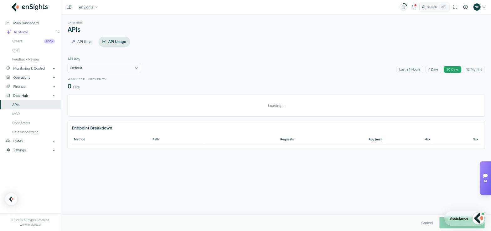 The API Usage tab: an API key selector, Last 24 Hours / 7 Days / 30 Days / 12 Months window buttons, the hit count for the period, and the Endpoint Breakdown table with method, path, requests, average response time and 4xx and 5xx counts.