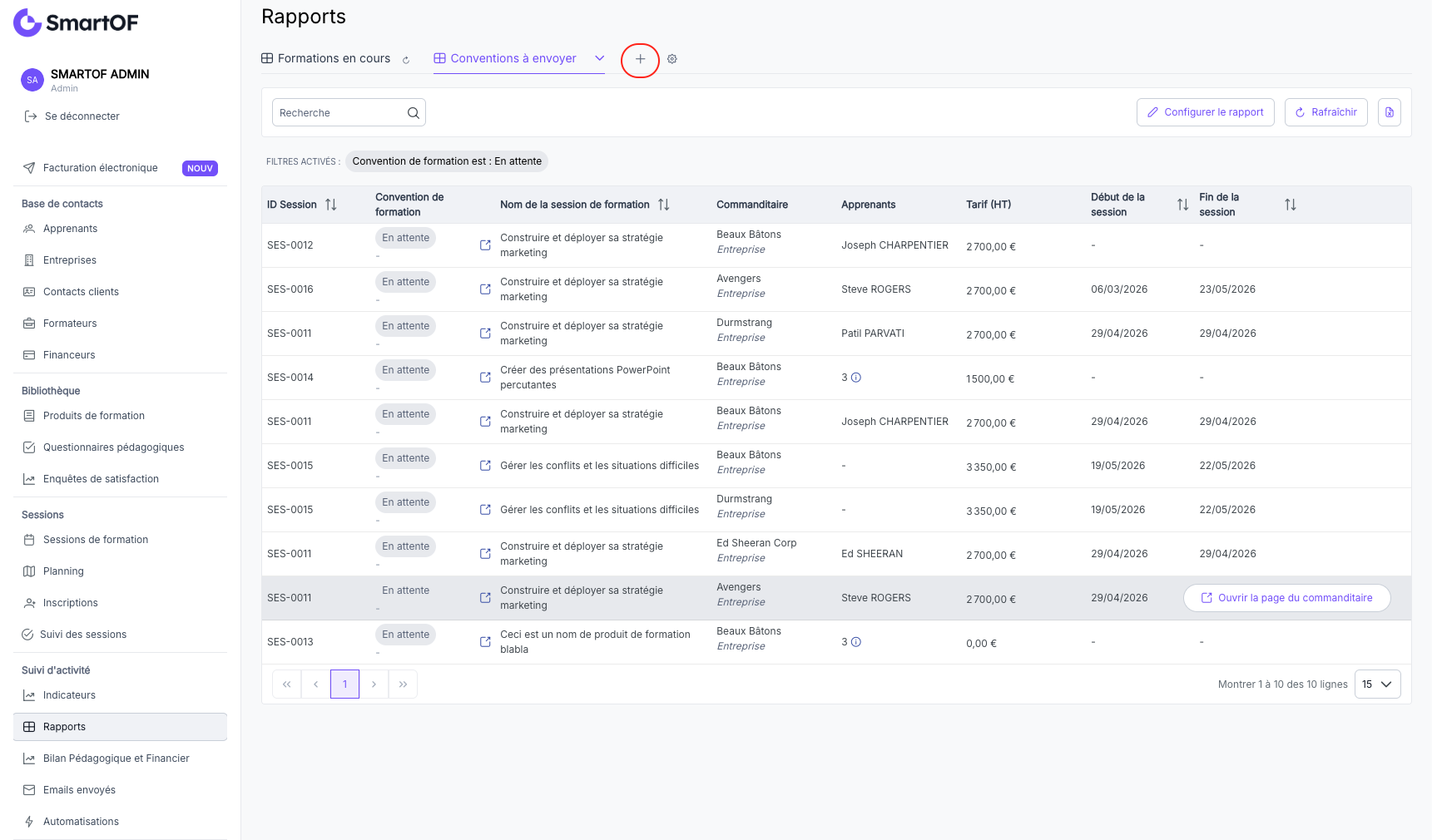 Bouton + pour créer un nouveau rapport dans la barre de navigation