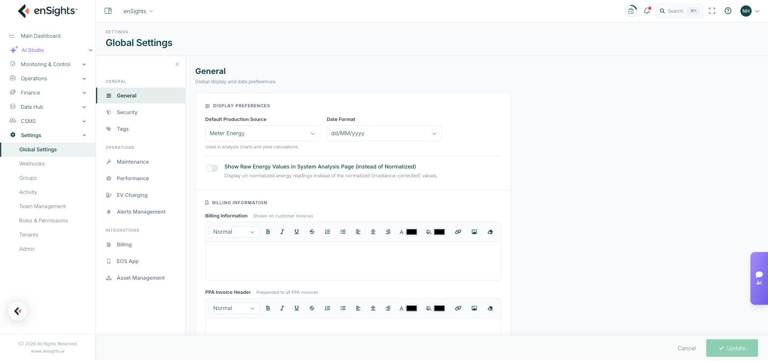 The Global Settings General page: Display Preferences with Default Production Source and Date Format, the raw-energy toggle, and the Billing Information and PPA Invoice Header rich-text editors.