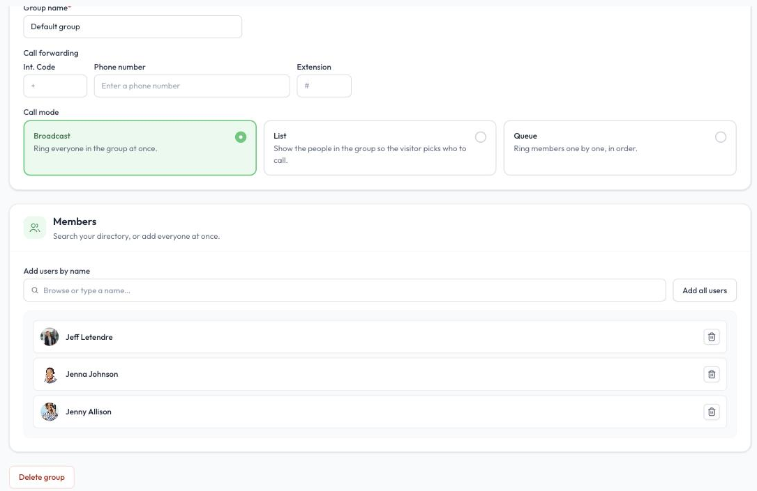 Group settings, call modes and members