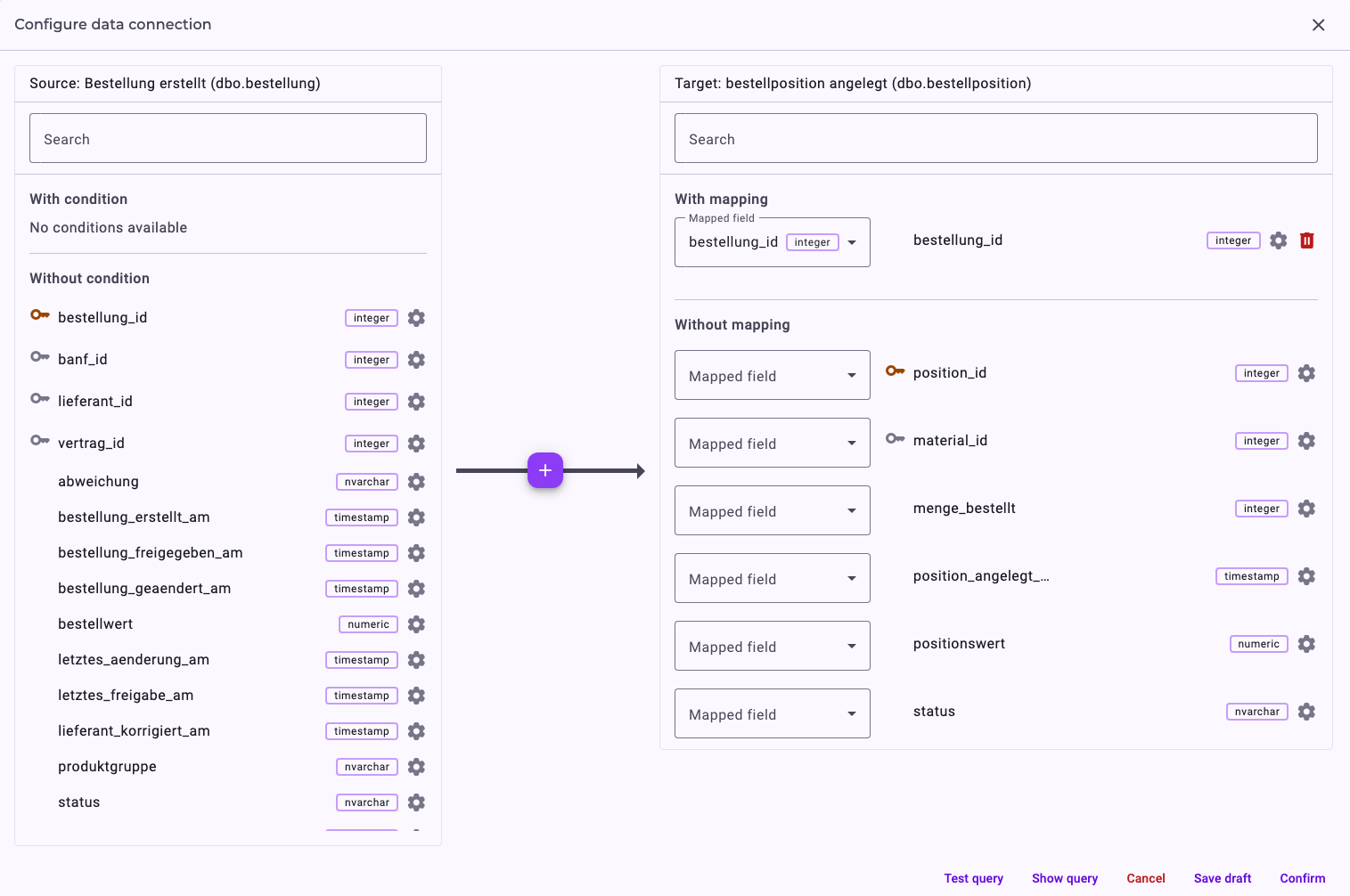 Configure data connection from Bestellung erstellt (dbo.bestellung) to bestellposition angelegt (dbo.bestellposition): under With mapping, the column bestellung_id of the item table is mapped to bestellung_id of the order table