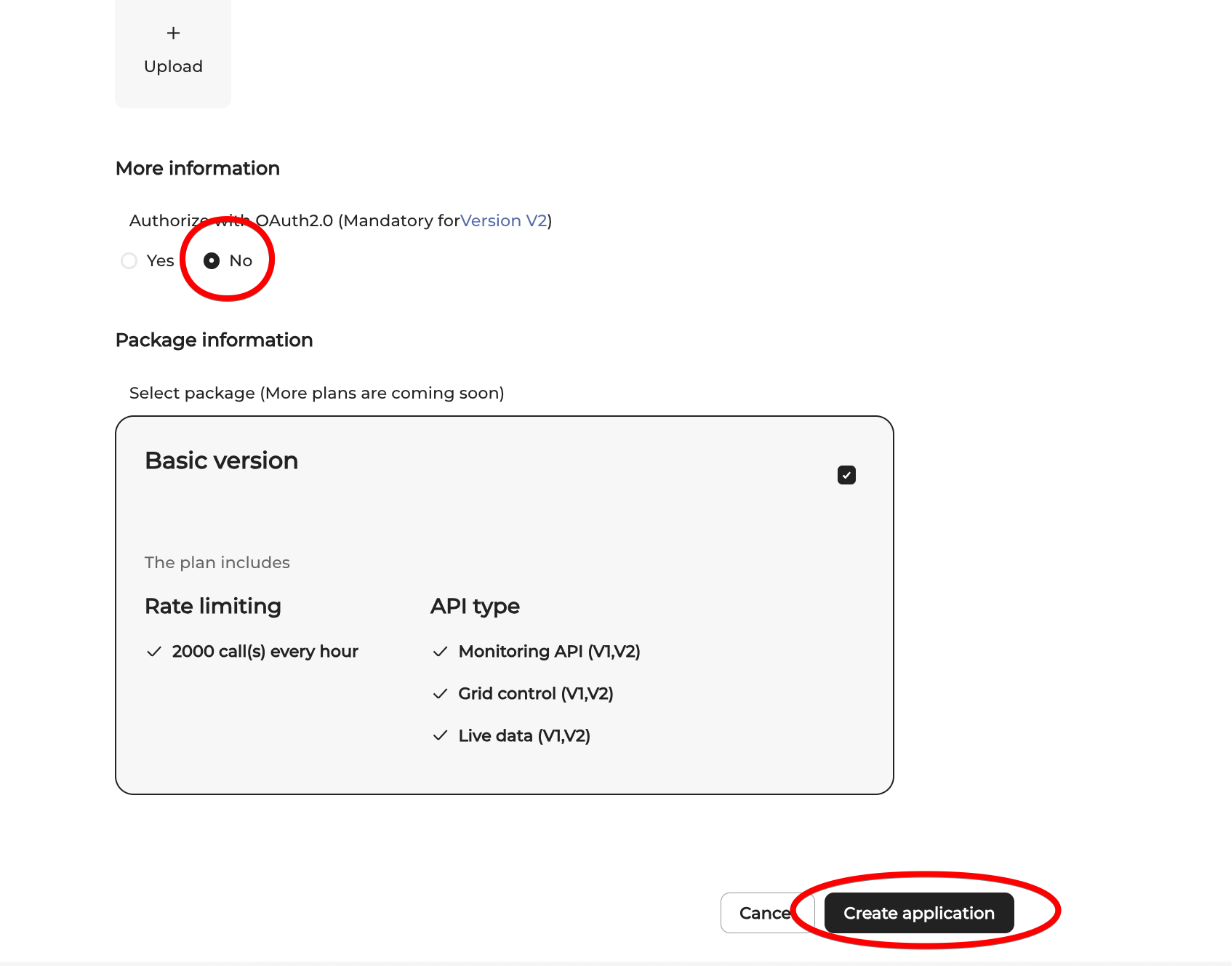 Create application form: OAuth2.0 setting, package selection and the Create application button