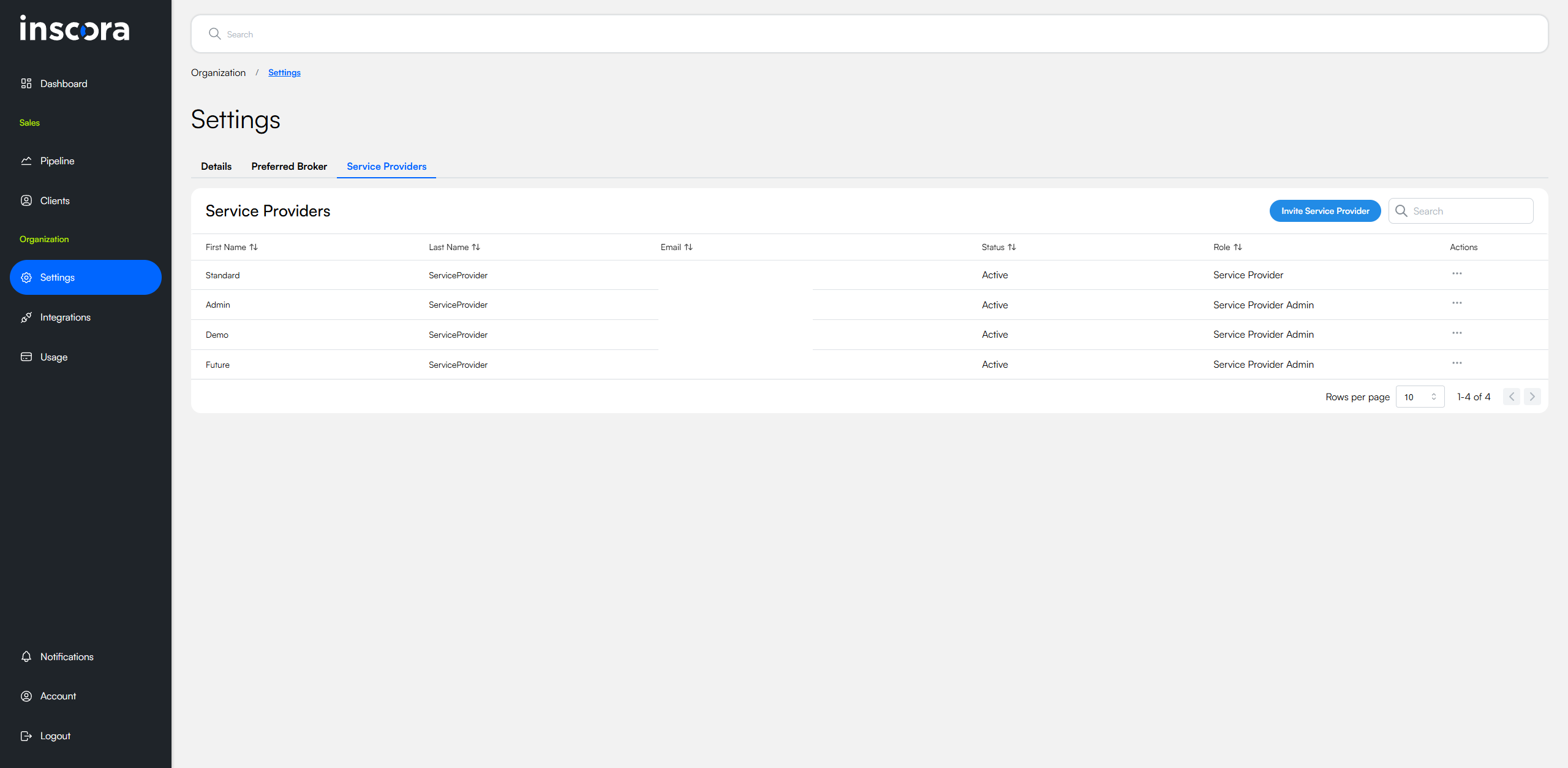 Service Providers tab showing a table of team members with columns for First Name, Last Name, Email, Status, Role, and Actions. An Invite Service Provider button appears in the top right.